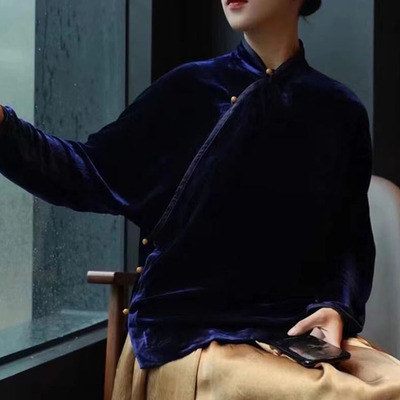MS甲木庚金现代中式民国风真丝丝绒斜襟立领知识分子上衣小褂常服