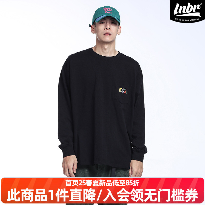 LNBR熊电24秋冬黑色小熊标长袖T恤男休闲宽松套头打底上衣加大码