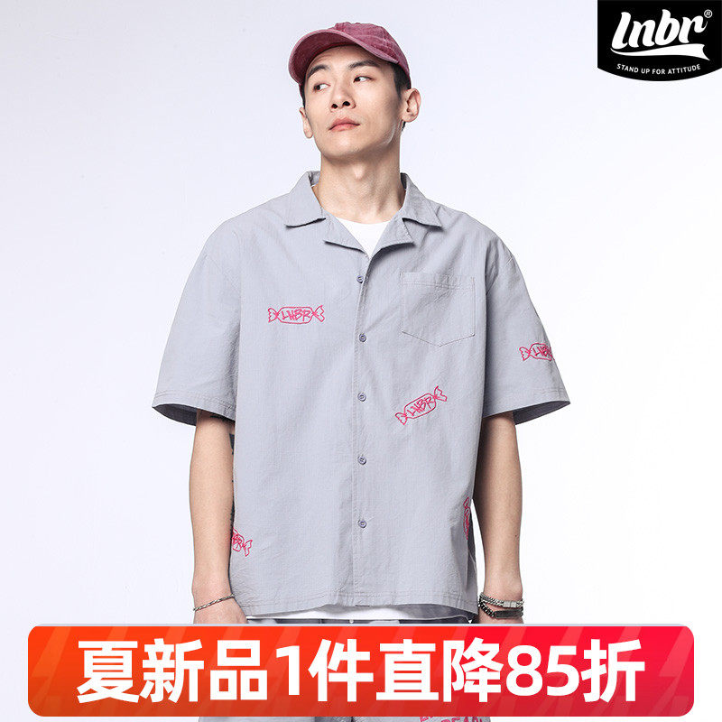 LNBR熊電25夏季新品蓝色短袖衬衫男糖果刺绣休闲上衣大码高街潮