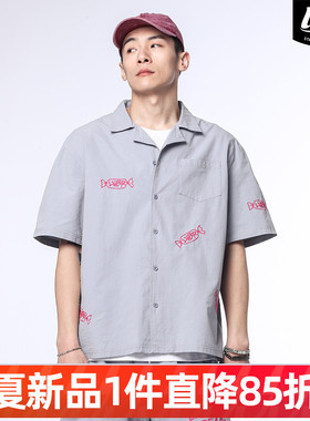 LNBR熊電25夏季新品蓝色短袖衬衫男糖果刺绣休闲上衣套装高街潮