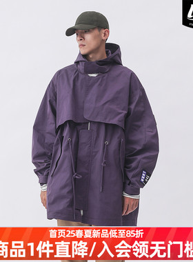 LNBR秋季新款防风连帽拉链黑色外套中长款教练夹克宽松大码2色入