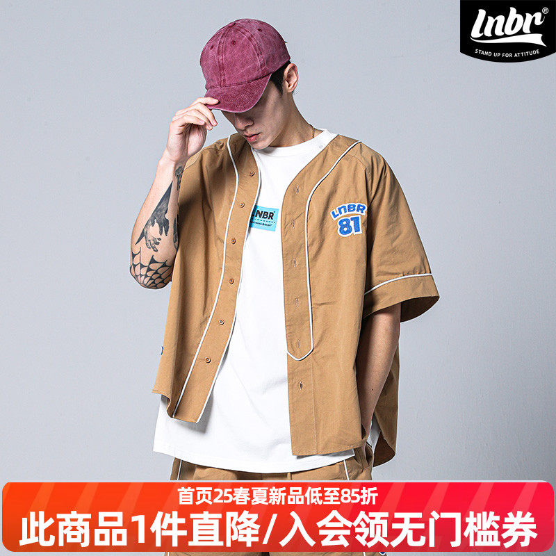 LNBR熊电夏季棒球服短袖衬衫套装美式街头复古开衫宽松时尚半袖潮