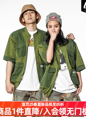 LNBR军绿色衬衫男短袖大原创拼色漫画机能作战服战术衬衫oversize