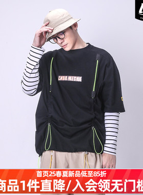 LNBR熊电oversize黑色抽绳短袖T恤原创不规则设计款T大码加大码