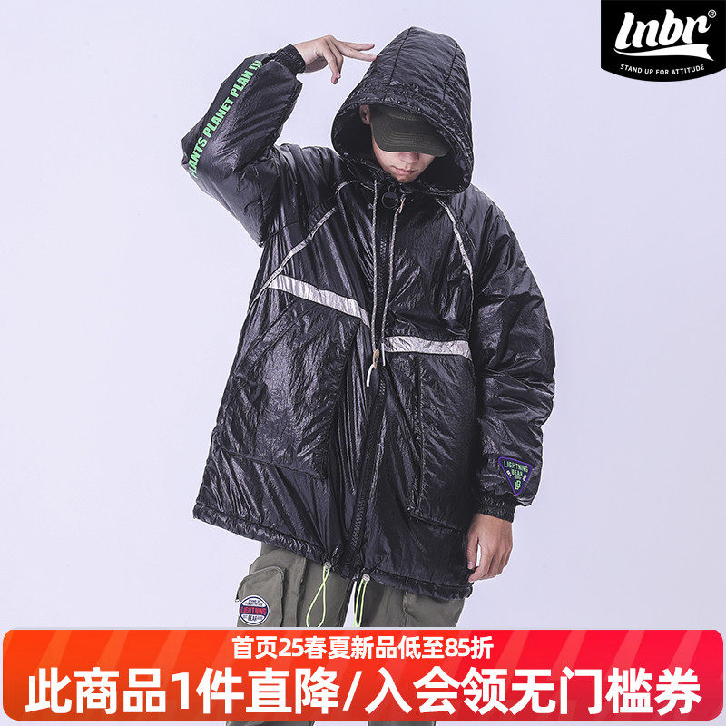 LNBR秋冬新品亮面黑色连帽中长款棉服拼接设计厚外套ins潮男女潮