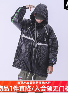 LNBR秋冬新品亮面黑色连帽中长款棉服拼接设计厚外套ins潮男女潮