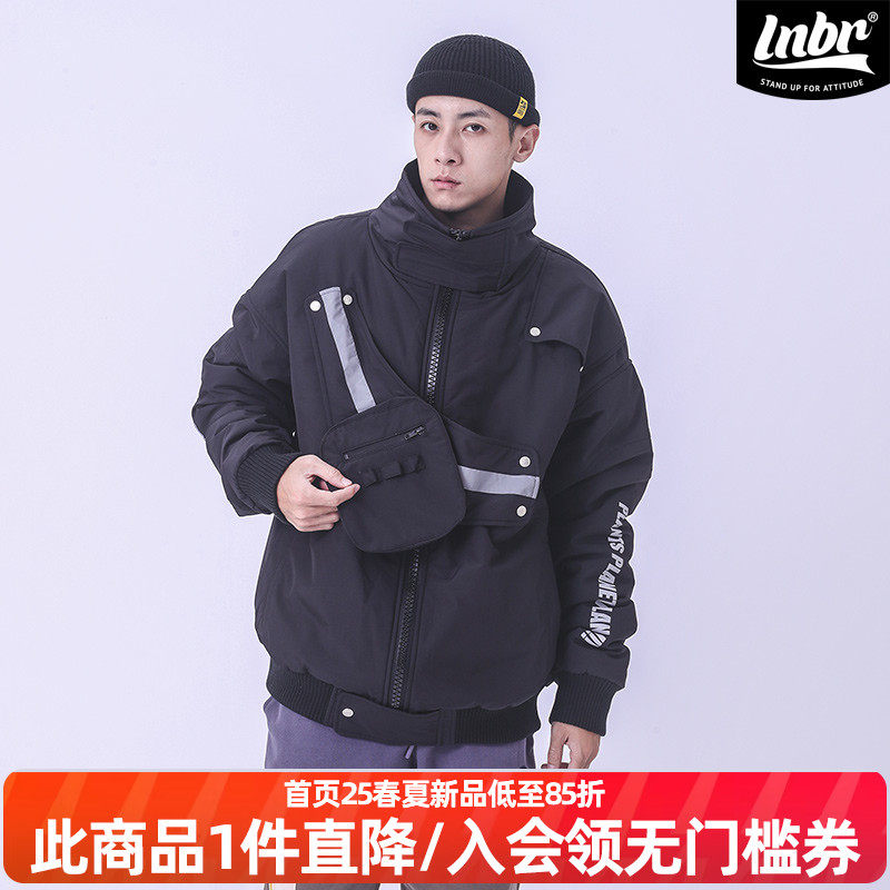 LNBR潮牌冬季新品反光工装棉衣高领加厚保暖黑色棉服2色宽松外套