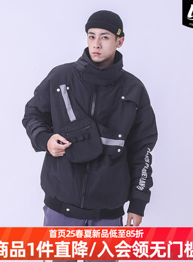 LNBR潮牌冬季新品反光工装棉衣高领加厚保暖黑色棉服2色宽松外套