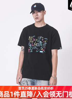 LNBR熊电2021原创彩虹印花黑色T恤宽松卡通趣味圆领短袖2色入大码