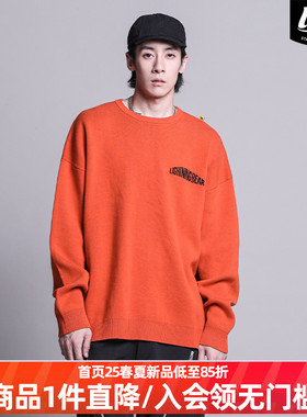 LNBR潮牌秋冬橙色字母印花针织衫男国潮牌宽松休闲情侣毛衣大码
