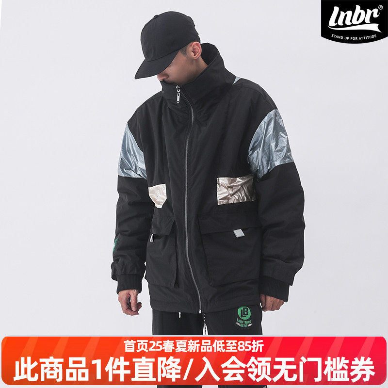 LNBR潮牌秋冬正反两面穿黑色厚棉服休闲百搭宽松亮面外套大码