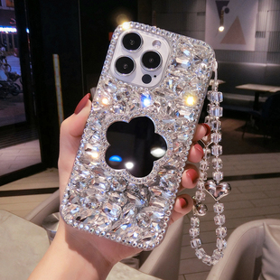 镜子支架oppoReno12pro满钻手机壳奢华新款reno11带钻石闪9se镶钻A98全包软findx7保护套防摔X6女4水晶5手链+