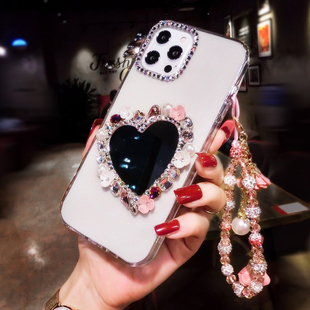 爱心镜子苹果17ProMax手机壳带钻石奢华iPhone16网红水晶15plus适用13mini女新款14全包12保护套XS防摔11透明