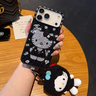 网红同款黑皮HelloKitty猫适用iPhone17Pro Max手机壳带水钻苹果16可爱女15plus全包防摔14个性13潮牌12满钻X