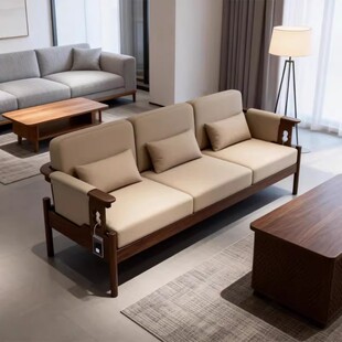 新中式实木沙发直排茶桌椅客厅真皮2025新款榫卯结构黑胡桃木三人