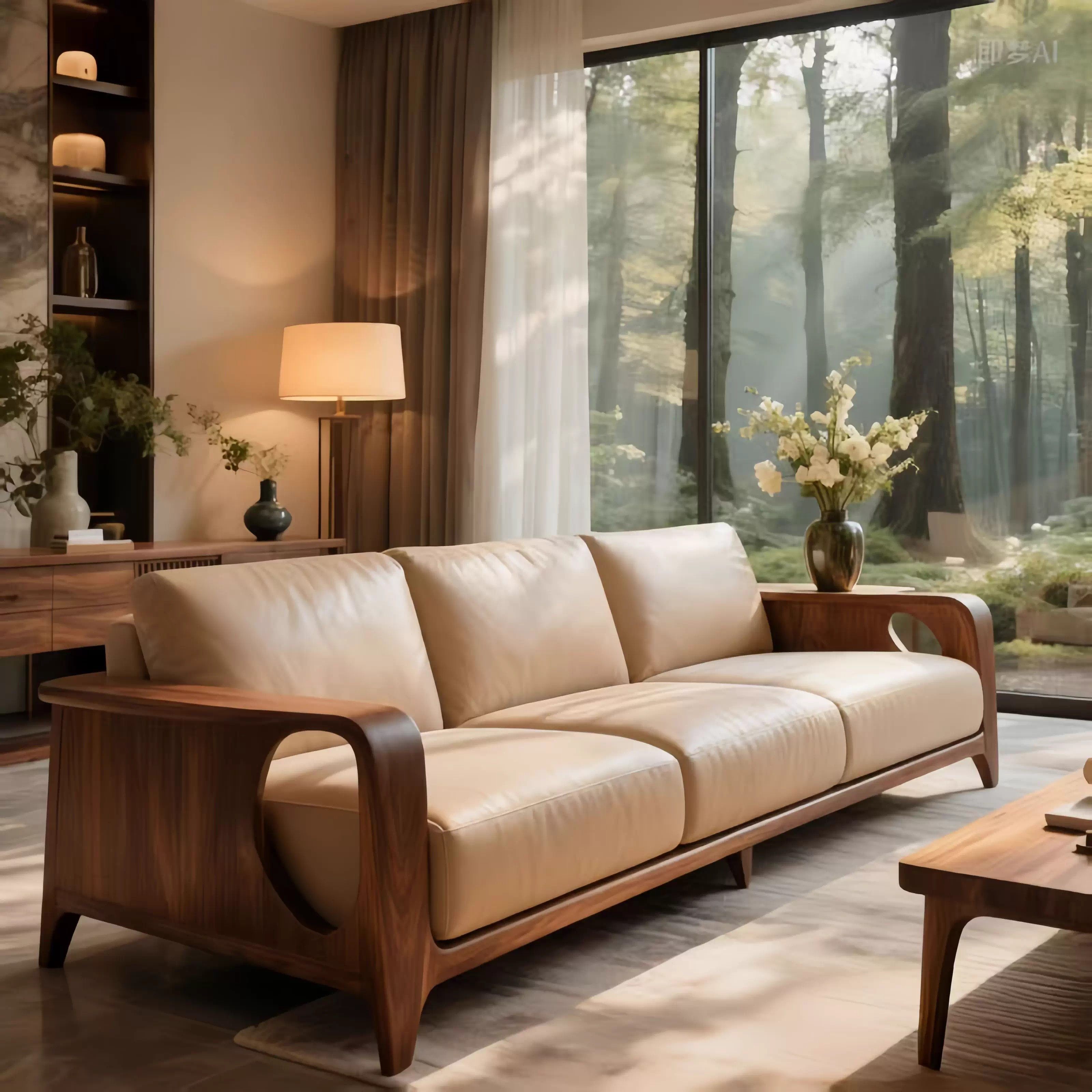 新中式实木沙简约黑胡桃木新款客厅高端直排三人位皮艺沙发新款