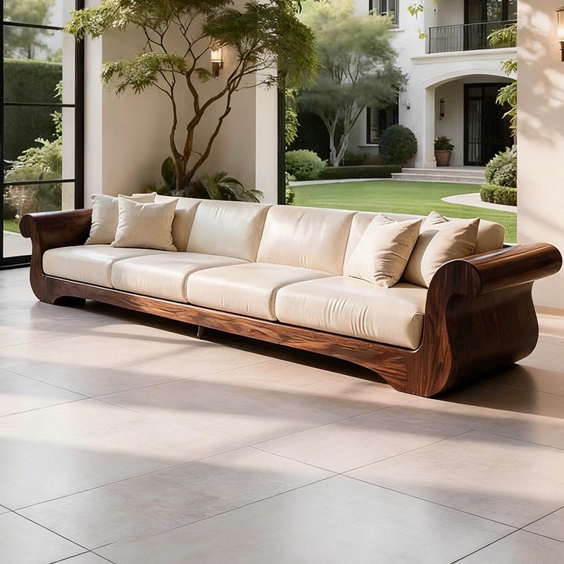 新中式实木沙发黑胡桃木三人位客厅家具米白色皮质坐垫家用沙发