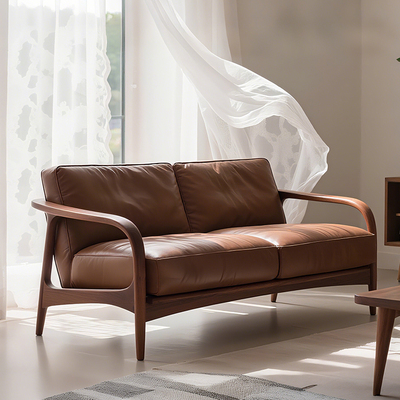 新中式北美黑胡桃木真皮实木沙发现代简约客厅直排沙发办公室定制