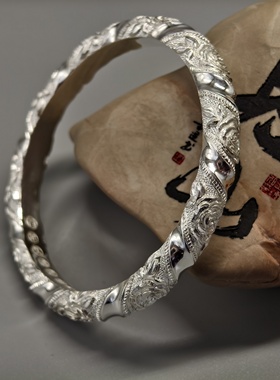 【足银9999】百年久诚手工錾刻浮雕叠锻玫瑰半圆条足银手镯