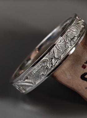 【足银9999】百年久诚手工錾刻高工浮雕江褚渔樵足银手镯