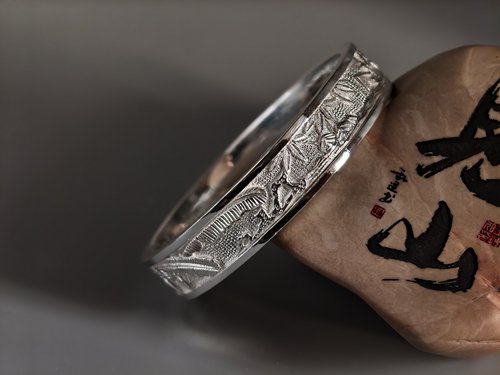 【足银9999】百年久诚手工錾刻高工浮雕江褚渔樵足银手镯