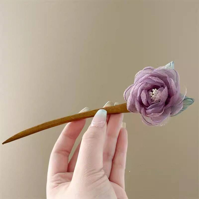 新中式紫色网纱山茶花木簪花朵发钗古风精致百搭头饰配旗袍汉服