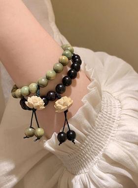 绿檀木串珠子莲花手链女款