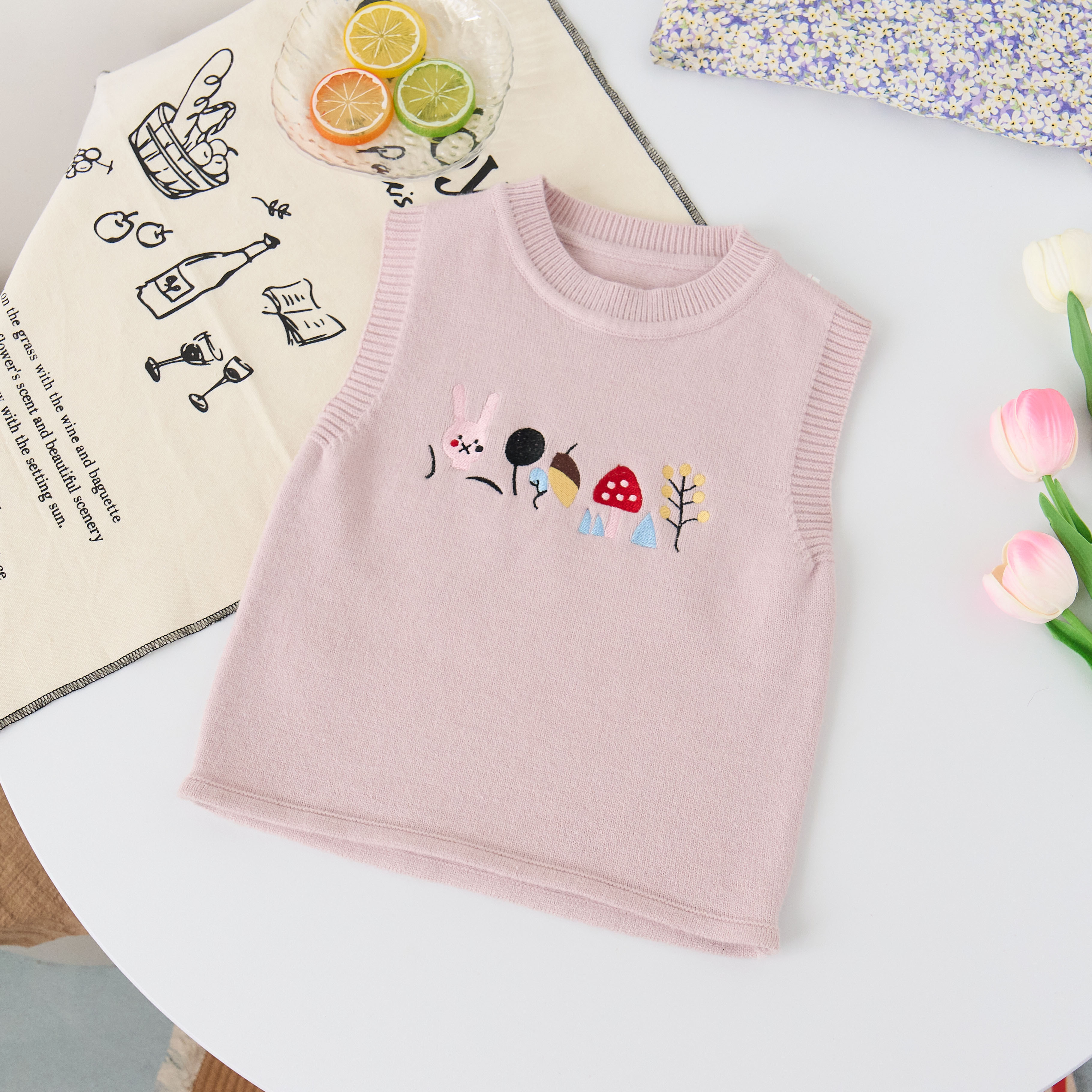 女童2025新款春秋季圆领洋气小兔子蘑菇中小童针织马甲套头上衣