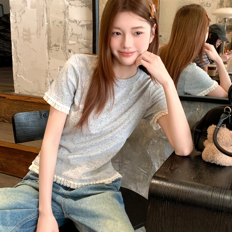 彩色波点蕾丝花边短袖t恤女2025夏季新款设计感修身显瘦正肩上衣