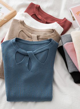 2023秋装新款纯色圆领毛衣女套头长袖修身短款镂空针织打底衫上衣