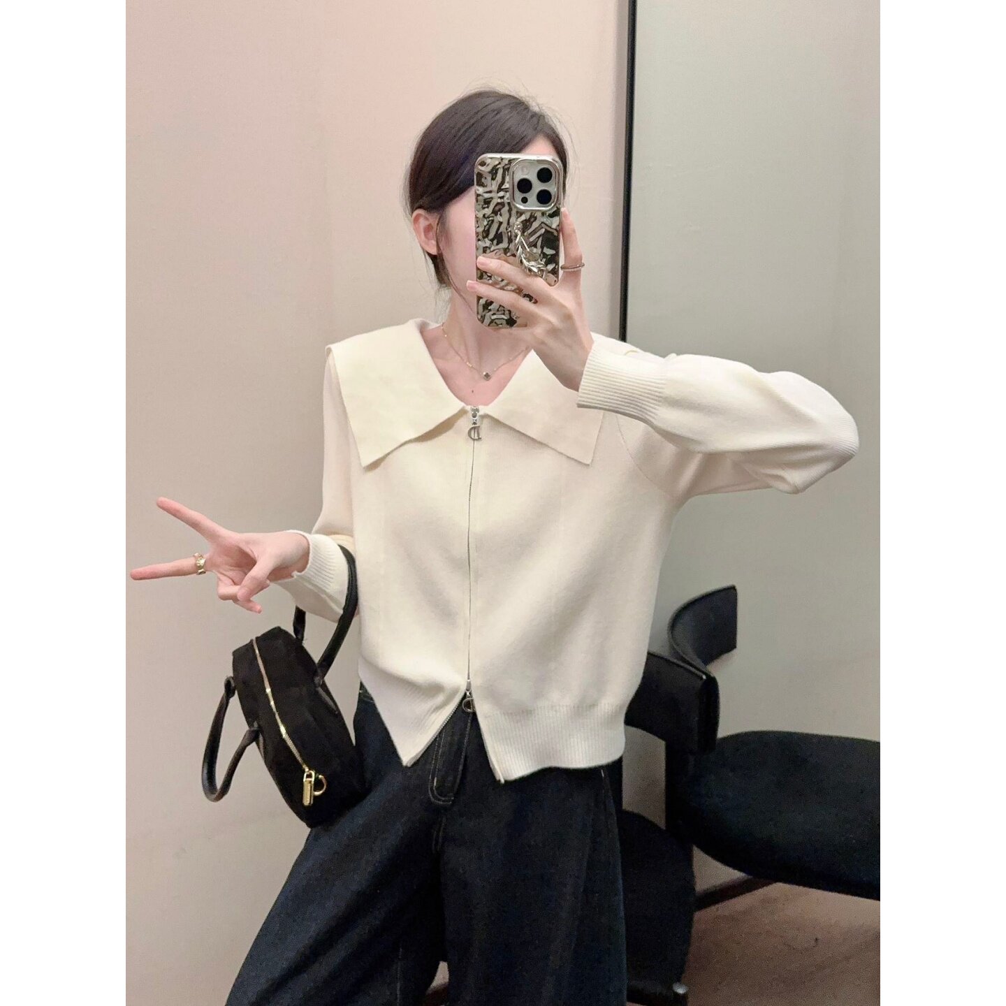 韩系时尚百搭翻领拉链针织开衫