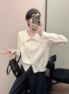 韩系2025秋冬新款时尚百搭翻领拉链针织开衫女宽松显瘦毛衣外套潮