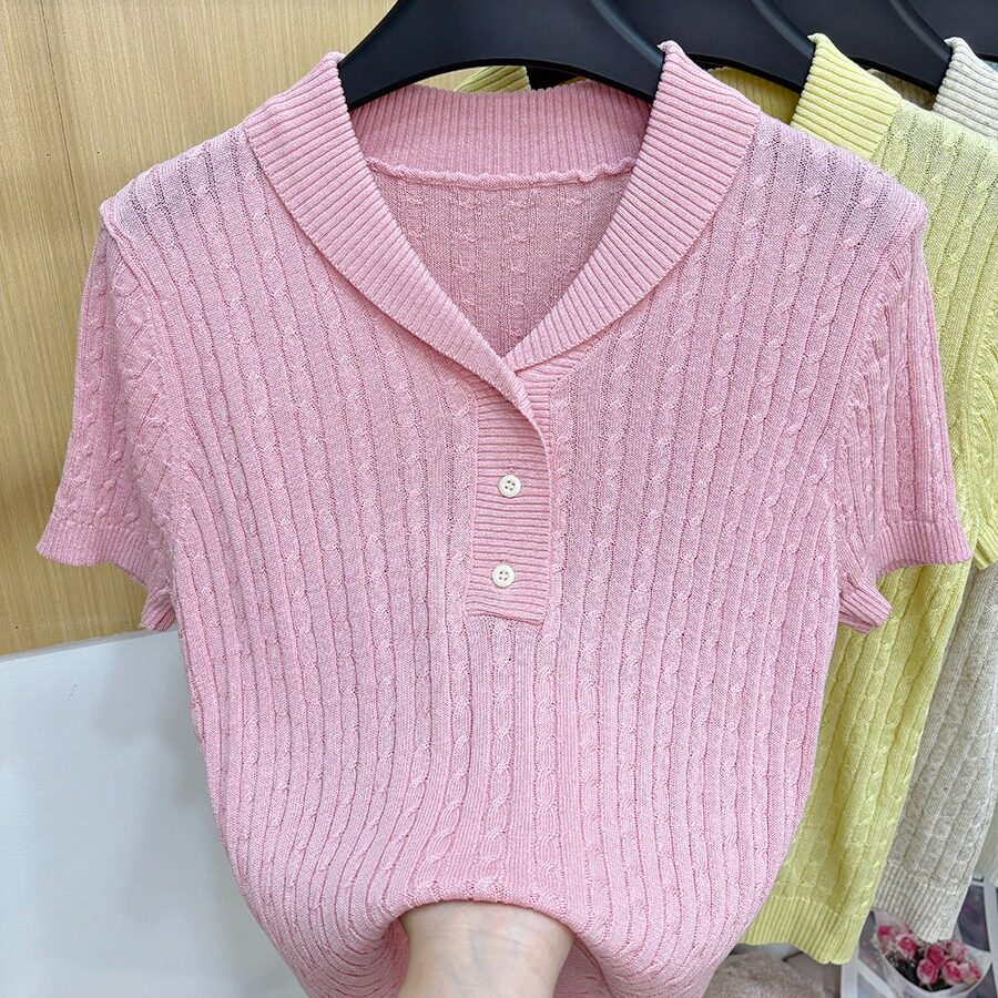 温柔风多色V领针织衫女2026夏季新款麻花纹路Polo领短袖显瘦上衣