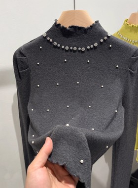 设计感钉珠半高领针织衫女2025秋冬修身显瘦木耳边打底毛衣上衣