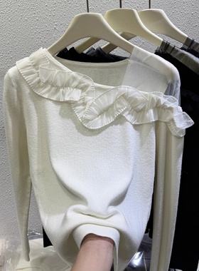 四季青2025秋季新款设计感花边拼接针织衫女长袖洋气别致气质上衣