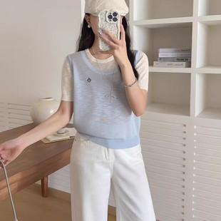 韩版 新款 时尚 百搭显瘦拼接假两件短袖 女 自留推荐 针织衫 2025夏季