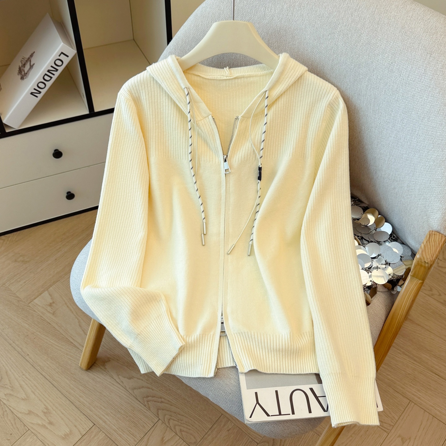 连帽针织开衫女双拉链设计感