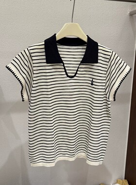 纯欲撞色黑领条纹Polo衫女透气