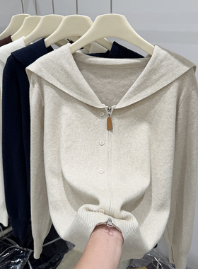 海军领针织开衫多色可选拉链纽扣设计温柔质感尽显优雅穿搭魅力