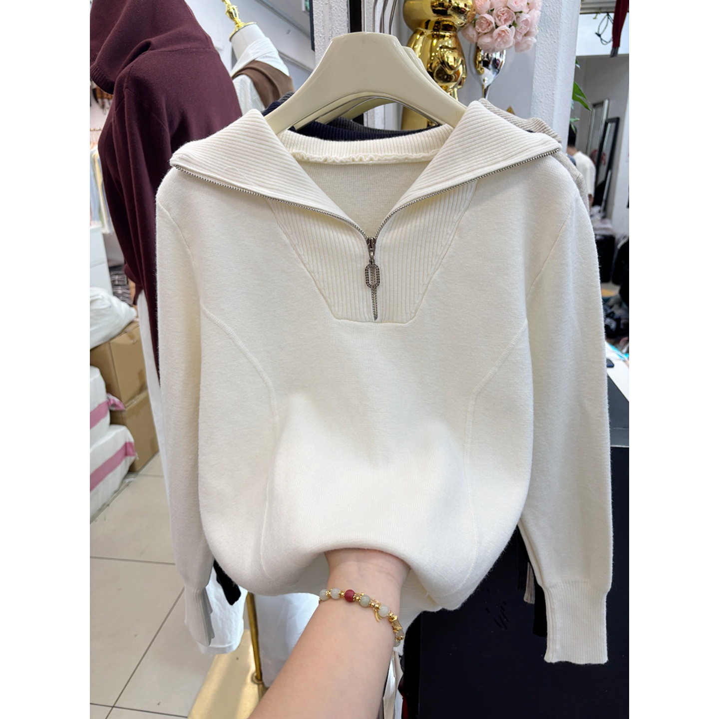 半开领套头针织衫女长袖宽松