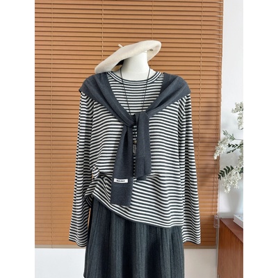 韩系少女感宽松慵懒风条纹针织衫