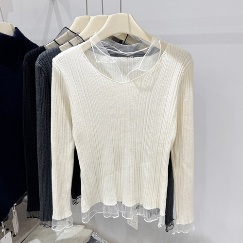 网纱拼接坑条纹针织衫女