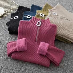 内搭保暖拉链针织打底衫 半高领加绒加厚毛衣女一体绒2021新款 冬季