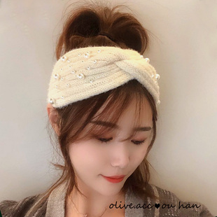 珍珠毛线发带交叉时尚 日系简约束发头绳保暖头巾化妆外出洗脸发带