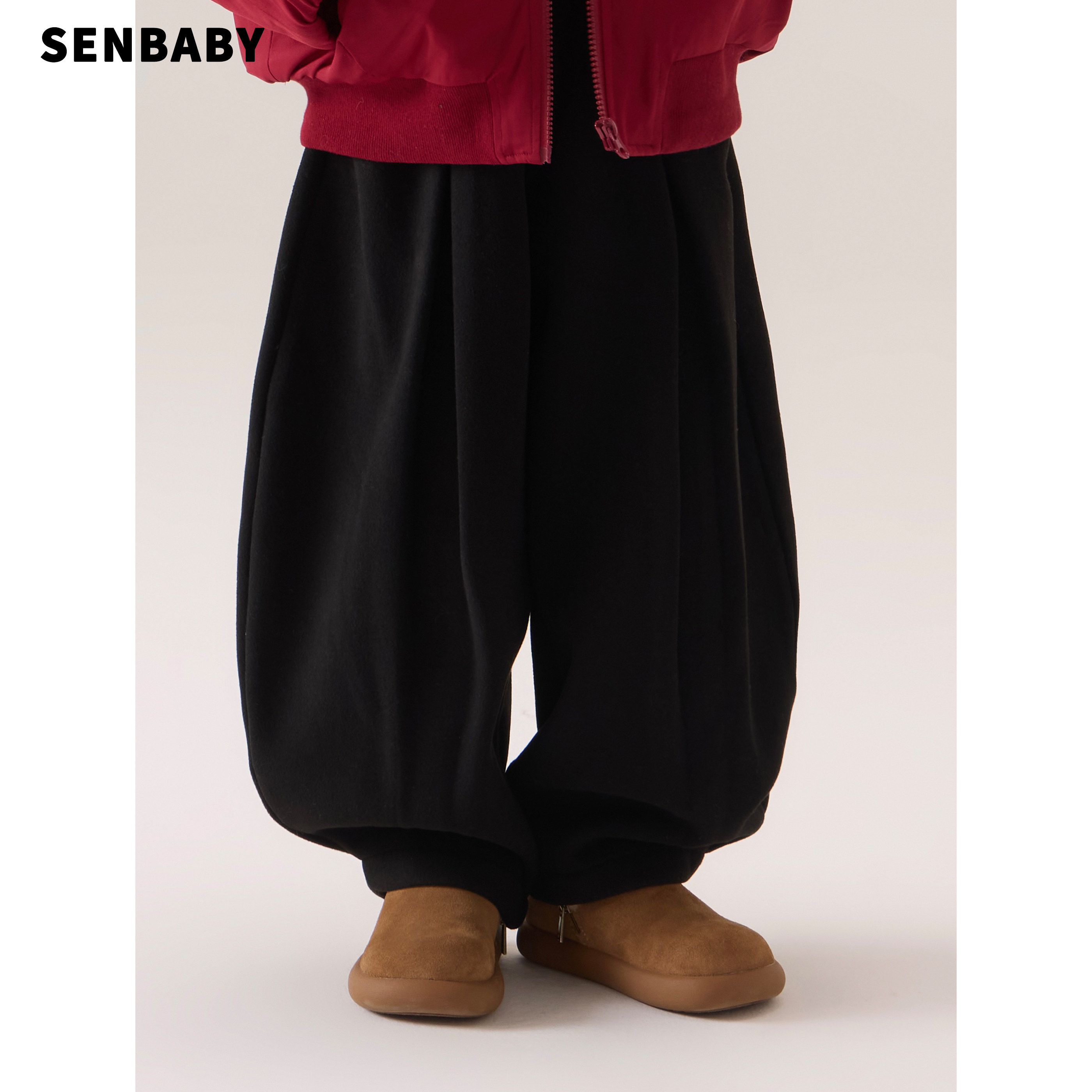 senbaby童装女童保暖长裤2025冬季加厚加绒儿童宽松毛呢弯刀裤