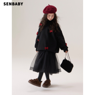 senbaby童装 套头加绒立体蝴蝶结卫衣 女童圆领卫衣外套冬儿童长袖