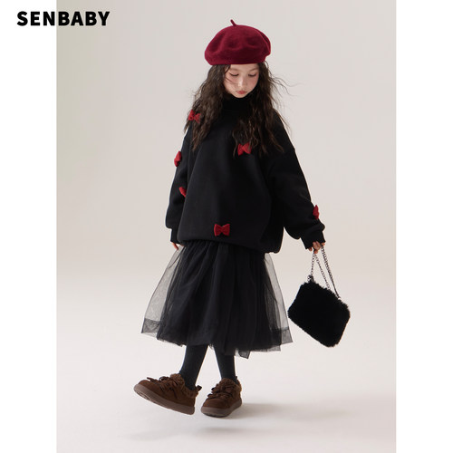 senbaby童装女童圆领卫衣外套冬儿童长袖套头加绒立体蝴蝶结卫衣