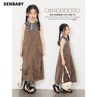 【现货】senbaby童装女童美式背心连衣裙夏季长裙口袋工装背带裙