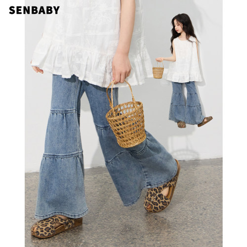 senbaby童装女童喇叭裤夏季儿童休闲阔腿长裤薄款大喇叭牛仔裤