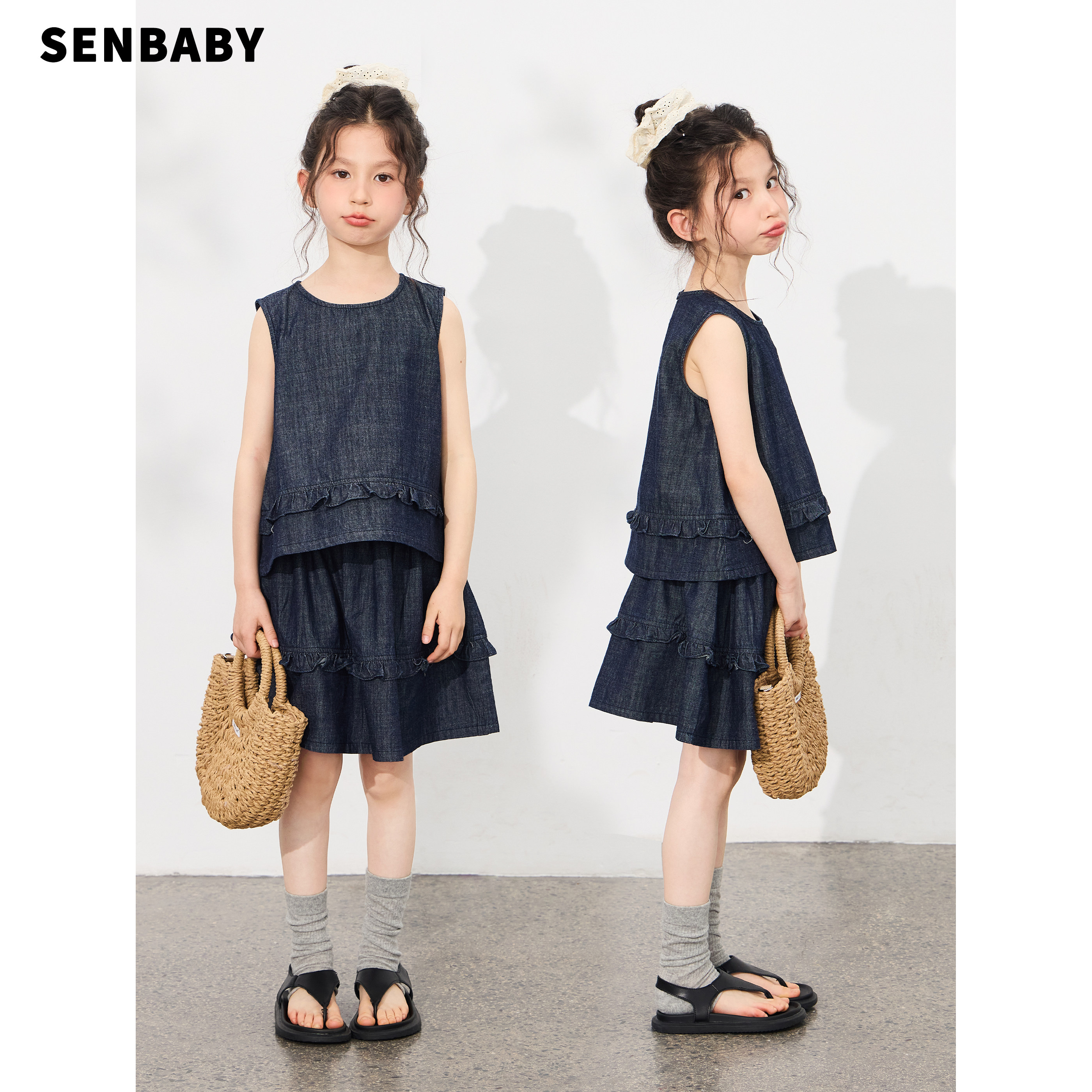 senbaby童装女童花边牛仔上衣牛仔半身裙两件套夏款儿童牛仔套装